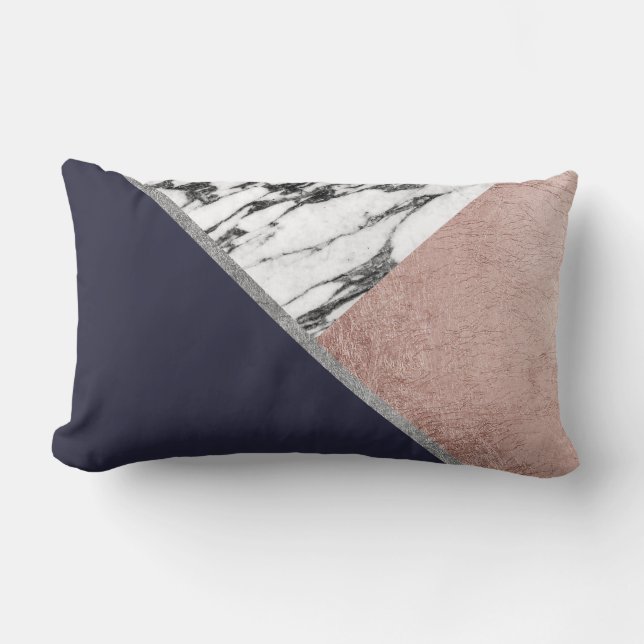 Marble Rose Gold Navy Blue Triangle Geometric Lumbar Pillow (Front)