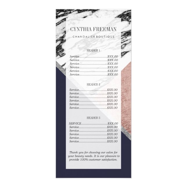 Marble Rose Gold Navy Blue Triangle Geometric Rack Card (Front)