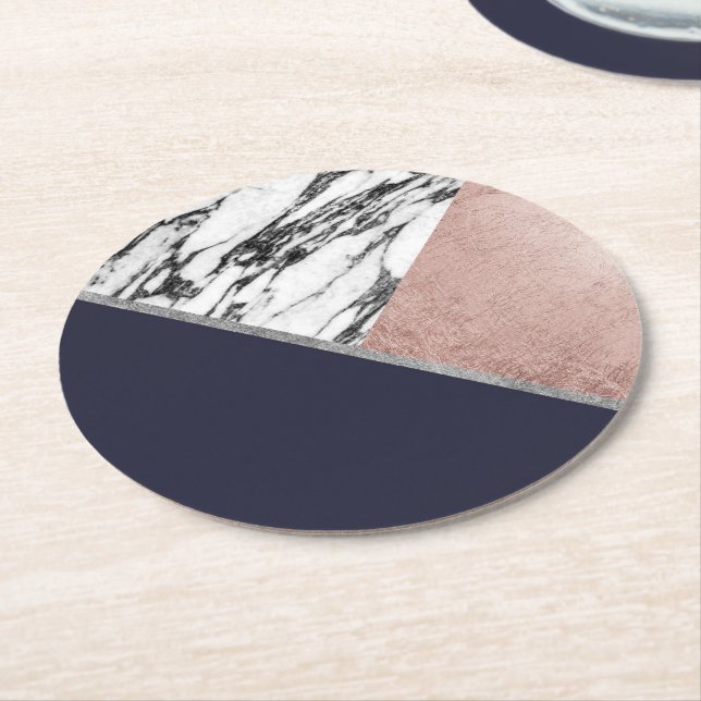 Marble Rose Gold Navy Blue Triangle Geometric Round Paper Coaster (Angled)