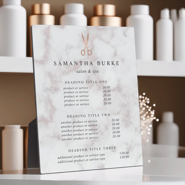 Marble & Rose Gold Salon Pricing/Services Display Plaque (Creator Uploaded)