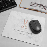 Marble & Rose Gold Scissors Hair Salon Logo Mouse Pad<br><div class="desc">Chic personalized mousepad for your hair salon or hairstyling business features two lines of custom text in charcoal gray lettering,  on a white marble background adorned with a pair of stylist's scissors in faux rose gold foil.</div>