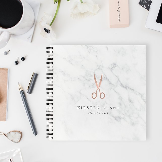 Marble & Rose Gold Scissors Hair Salon Logo Notebook (Creator Uploaded)