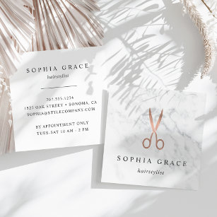 Marble & Rose Gold Scissors Logo Hairstylist Square Business Card