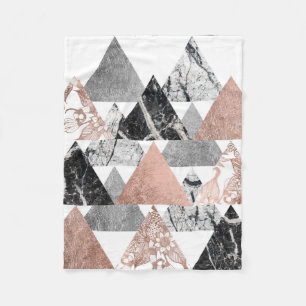 Marble Rose Gold Silver and Floral Geo Triangles Fleece Blanket
