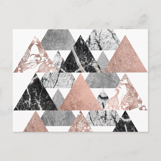 Marble Rose Gold Silver and Floral Geo Triangles Postcard (Front)