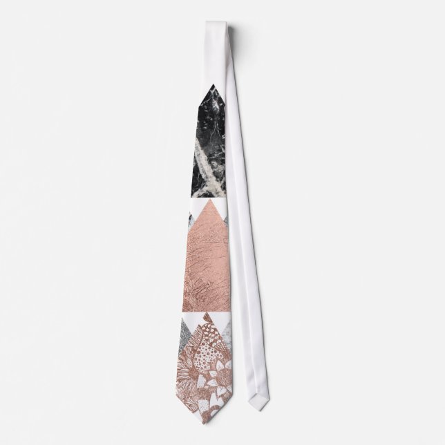 Marble Rose Gold Silver and Floral Geo Triangles Tie (Front)