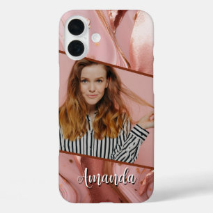 Marble Rose Gold Sparkle Glam Photo iPhone 16 Plus Case