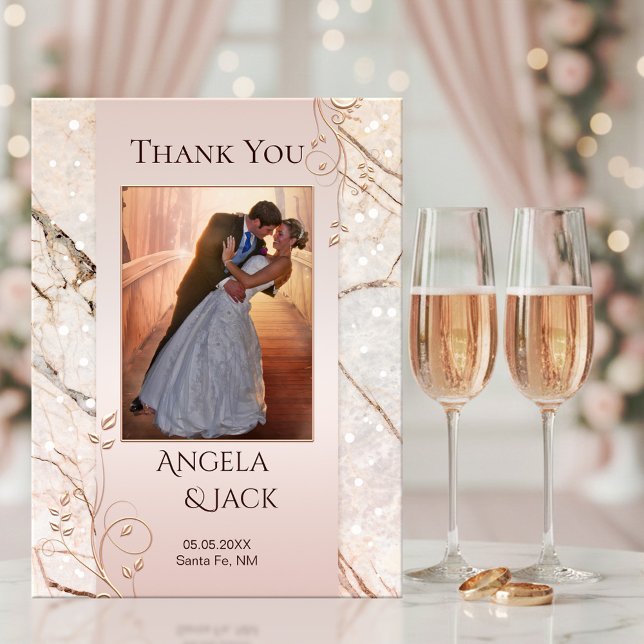 Marble Rose Gold Wedding Photo Thank You Postcard (Wedding photo Thank You postcard featuring a rose gold floral design on marble with light sparkles)