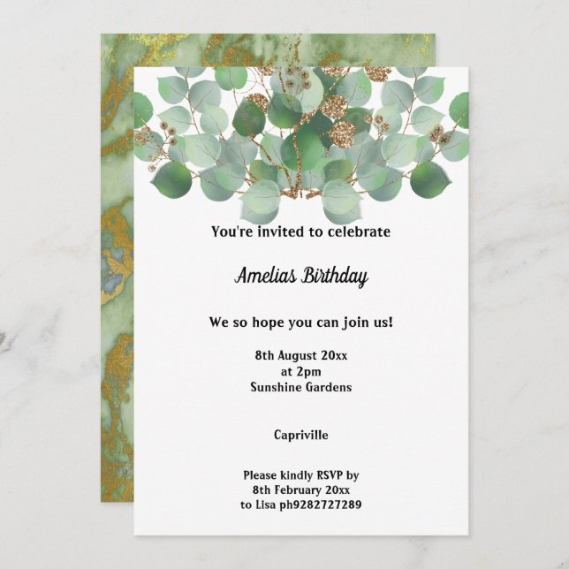 MARBLE SAGE EUCALYPTUS 2 BIRTHDAY PARTY INVITATION (Front/Back)
