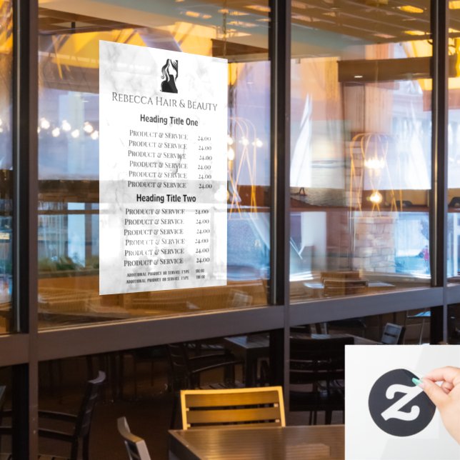 Marble Salon Restaurant Pricing & Services Display Window Cling (Restaurant Window)