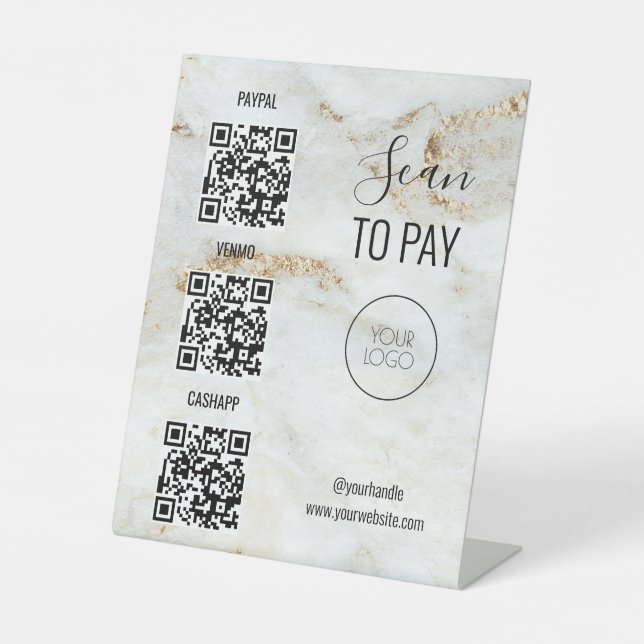 Marble Scan to pay QR Code Contactless Salon Logo Pedestal Sign (Front)