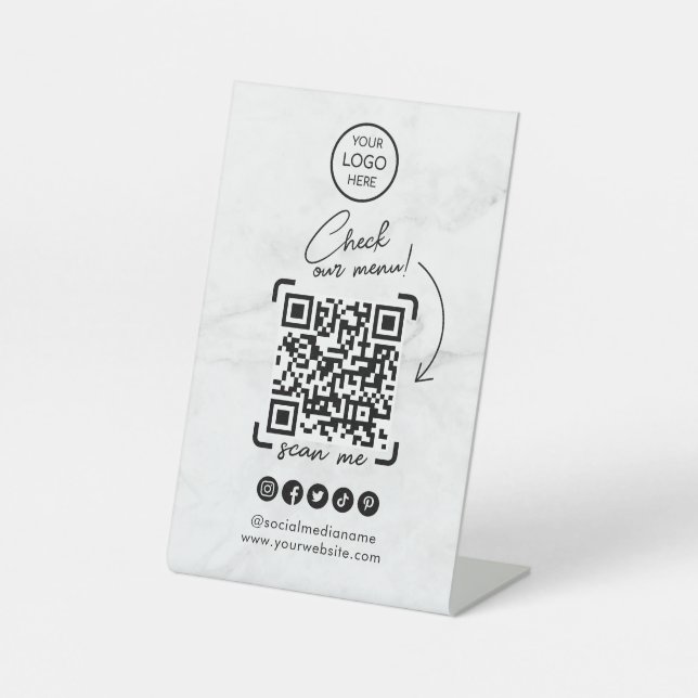 Marble Scan to View Menu QR Code | Modern Minimal  Pedestal Sign (Front)