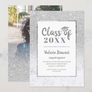 Marble silver glitter class of photo graduation invitation