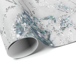 Marble Silver Grey Blue Aqua Floral Foils Laurel Wrapping Paper