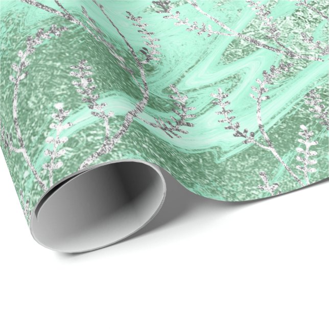 Marble Silver Grey Mint Green Floral Foil Laurel Wrapping Paper (Roll Corner)