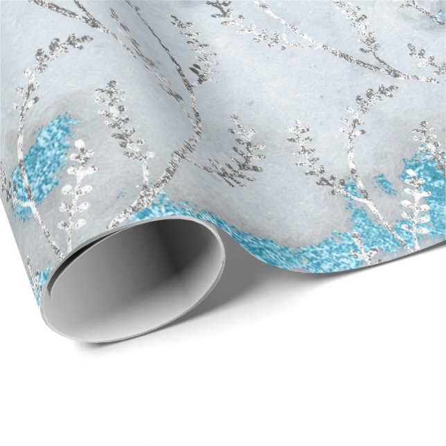 Marble Silver Grey Ocean Floral Foil Laurel Wrapping Paper (Roll Corner)