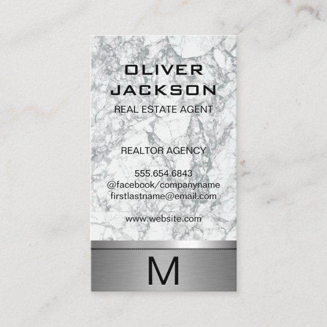 Marble Silver Metallic Trim | Monogram Lux Business Card (Front)