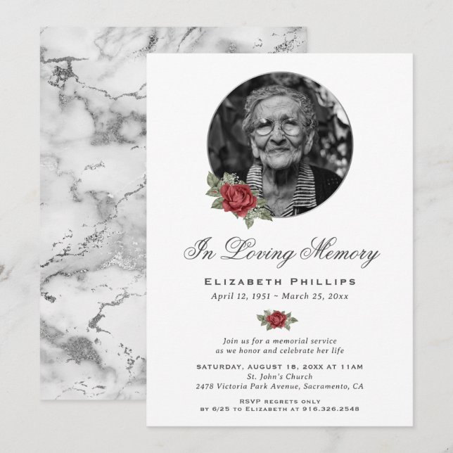 Marble Silver Red Rose Memorial Service Photo Invitation (Front/Back)