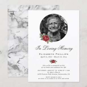 Marble Silver Red Rose Memorial Service Photo Invitation