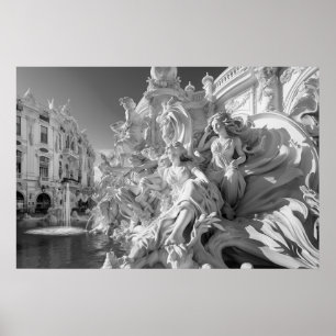 Marble statue fountain in Italian piazza B&W photo Poster
