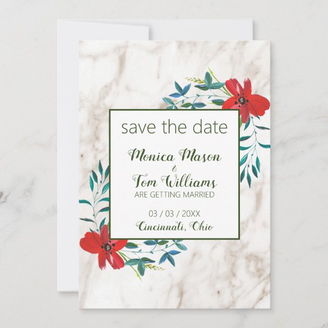 Marble Stone And Flowers Save The Date (Front)