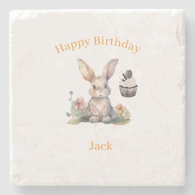 Marble Stone Coaster Cute Rabbit Cupcake Birthday (Front)