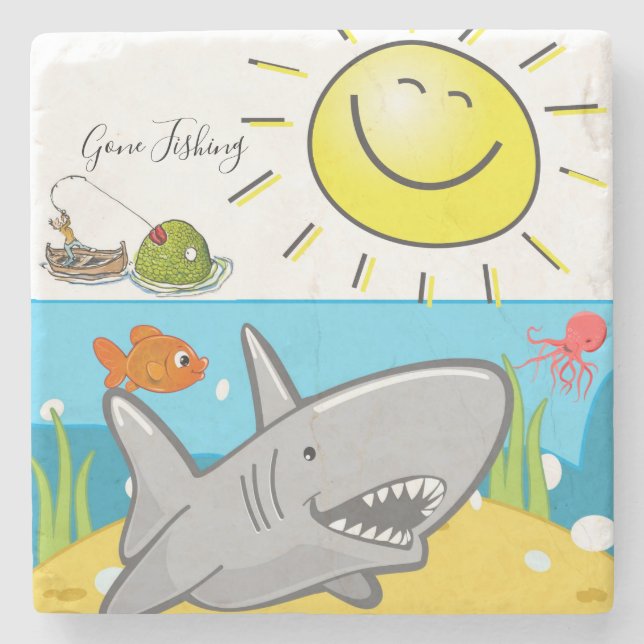 Marble Stone Coaster Gone Fishing Ocean Shark (Front)
