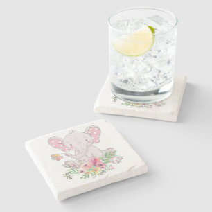 Marble Stone Coaster Pink Elephant Floral