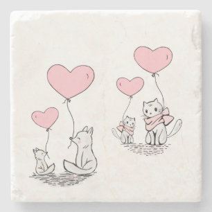 Marble Stone Coaster Valentine's Day Cat Fox 