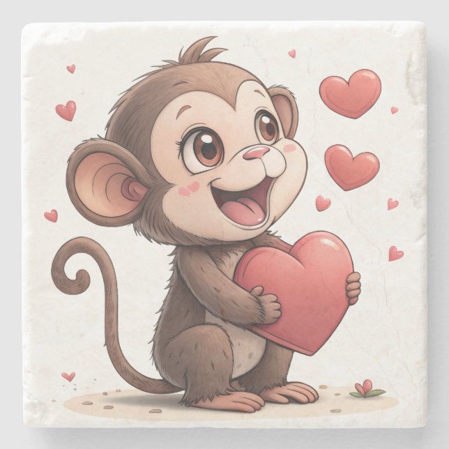 Marble Stone Coaster Valentine's Day Monkey Red  (Front)