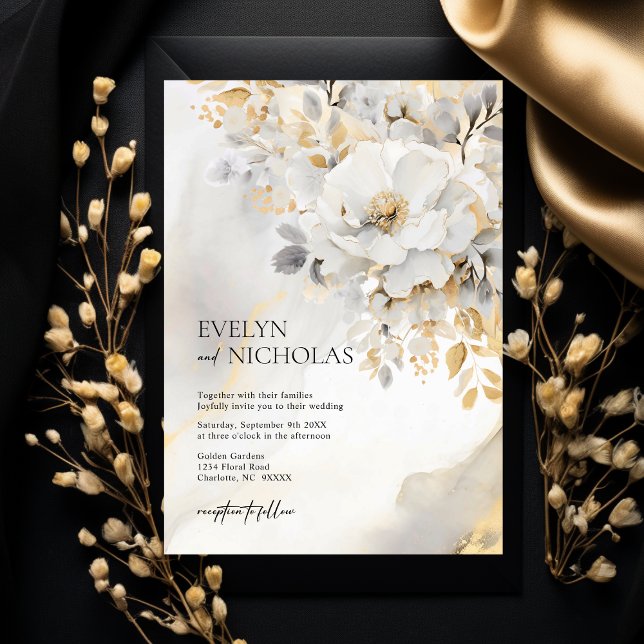Marble Stone Gold Grey Gold Floral Wedding  Invitation (Beautiful Gold Grey Gold Floral Wedding Invitation)