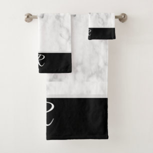 Marble Style Black White Monogram Initial Bathroom Bath Towel Set