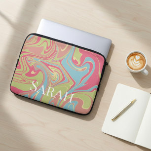 Marble Style Custom Name Pink and Green  Laptop Sleeve