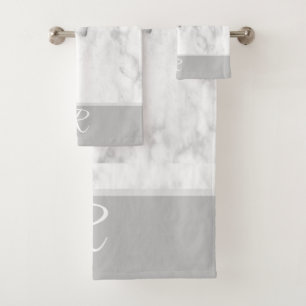 Marble Style Grey White Monogram Initial Bathroom Bath Towel Set