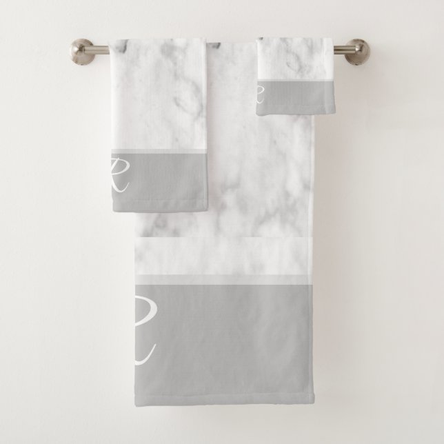 Marble Style Grey White Monogram Initial Bathroom Bath Towel Set (Insitu)