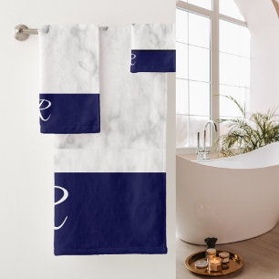 Marble Style Navy Blue Monogram Initial Bathroom Bath Towel Set