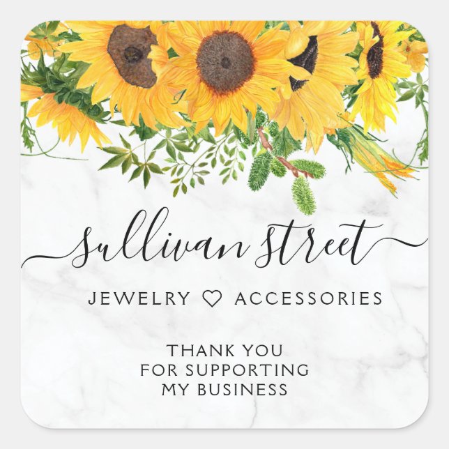 Marble Sunflower Small Business Thank You Square Sticker (Front)