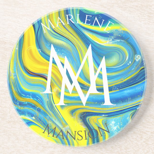 Marble Texture Blue and Yellow Abrasion Coaster (Front)
