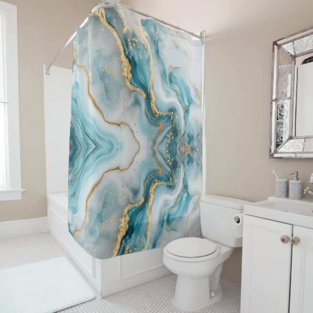 Marble texture blue teal gold Shower Curtain (In Situ)