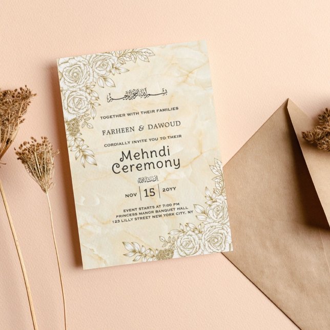 Marble Texture Floral Lace Muslim Mehndi Ceremony Invitation (Creator Uploaded)