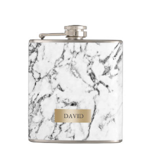 Marble Texture Modern Gold Label with Name Hip Flask