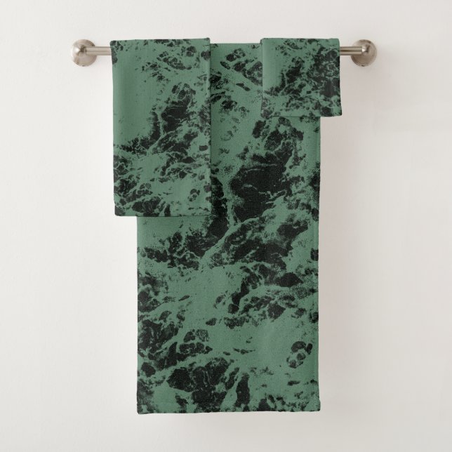 Marble texture pattern in black and green bath towel set (Insitu)