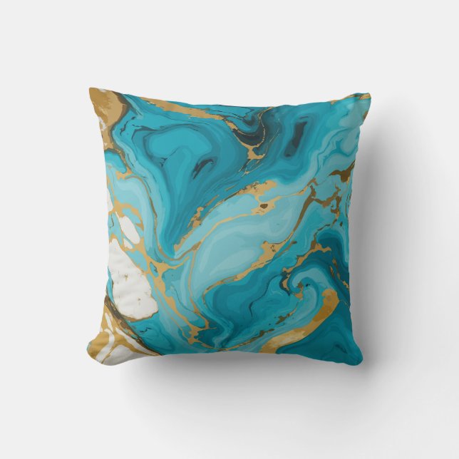 Marble Texture Turquoise and Gold Silver Throw Pillow (Front)