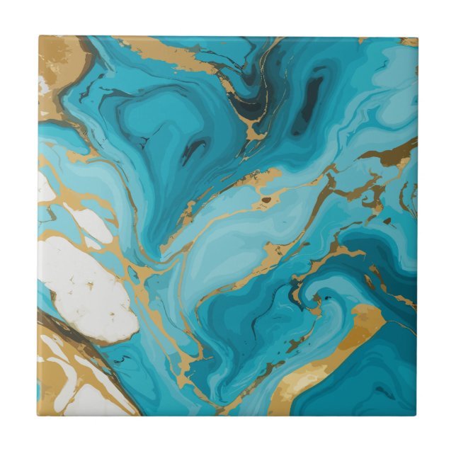 Marble Texture Turquoise and Gold Silver  Tile (Front)