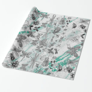 Marble Tiffany Grey Meadow Butterfly Insects Gems Wrapping Paper