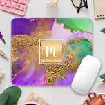Marble watercolor gold purple aqua green monogram mouse pad<br><div class="desc">A sparkly, faux gold foil square with a script typography monogram initial overlays a rich, gold veined, purple, green, aqua, and pink watercolor background on this elegant, trendy, girly, monogramed mousepad. Makes a chic and stylish statement every time you use it. A great gift for a friend, as well as...</div>