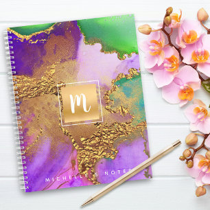 Marble watercolor gold purple aqua green monogram notebook