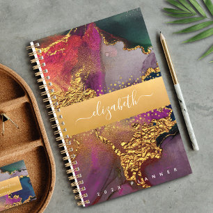 Marble watercolor gold purple blue green script planner