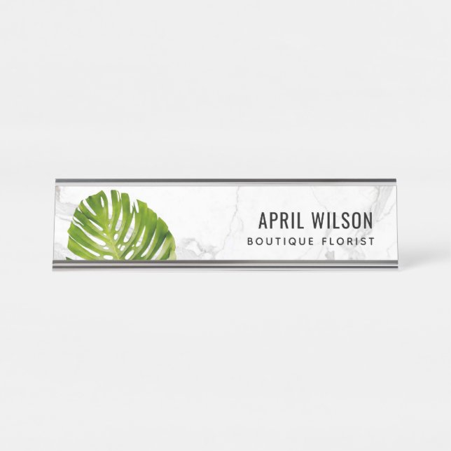 MARBLE WATERCOLOR GREEN MONSTERA LEAF FOLIAGE DESK NAME PLATE (Front)