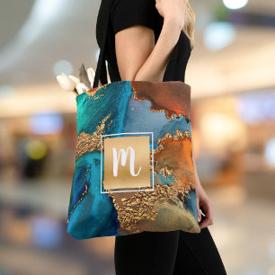 Marble watercolor monogram gold turquoise & orange tote bag